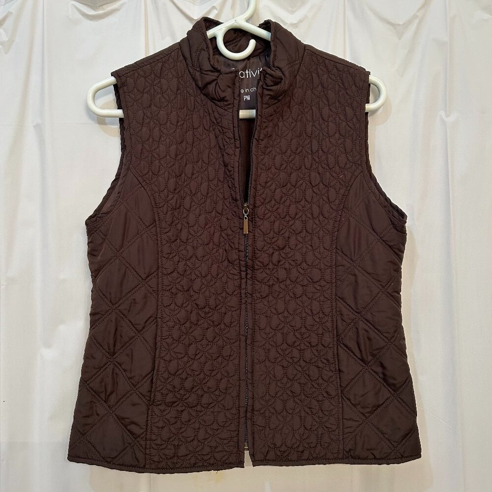 Relativity Vest Quilted Brown Sleeveless Pockets Full Zip Women's Size PM